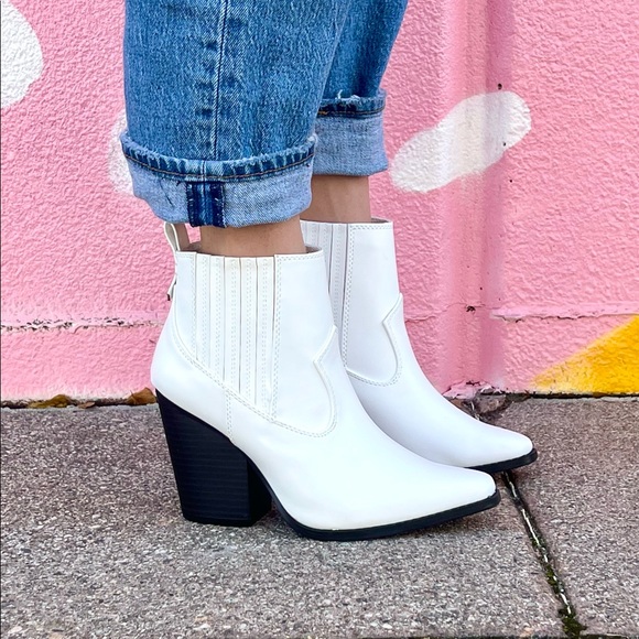White Vegan Leather Cowboy Ankle Boots - Picture 3 of 13